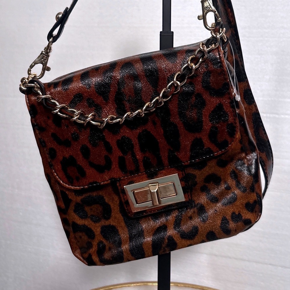Kate Landry Crossbody Bag Women Brown Leopard Print Vintage gold Turn Lock Chain